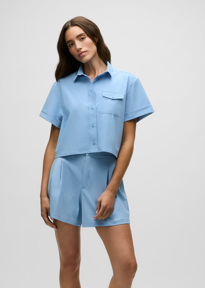 Maltese Blue Cropped Short Sleeve Button-Down Shirt Styled with Matching Shorts - Front View On Model | Greyson Clothiers