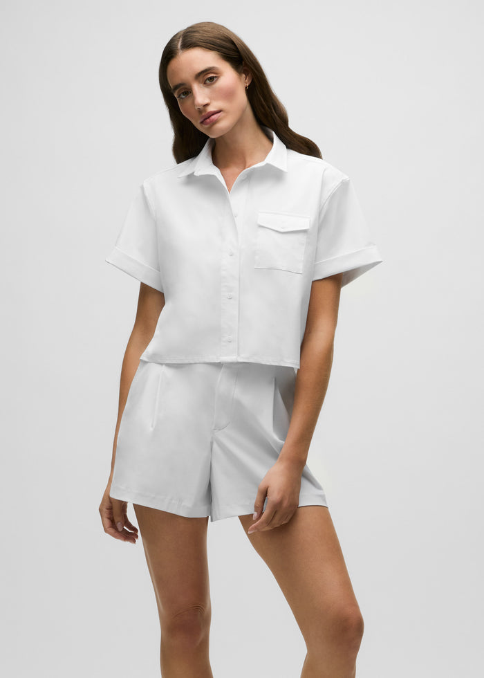 Arctic Italian Fabric Cropped Button-Down Shirt Styled with Matching Shorts - Front View On Model | Greyson Clothiers