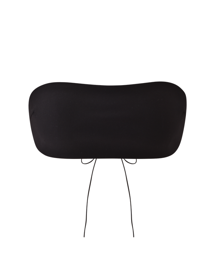 The TIGERMIST PILAR BANDEAU - BLACK is a strapless, cropped bandeau top with thin adjustable front ties and a lace-up back, shown on a plain white background.