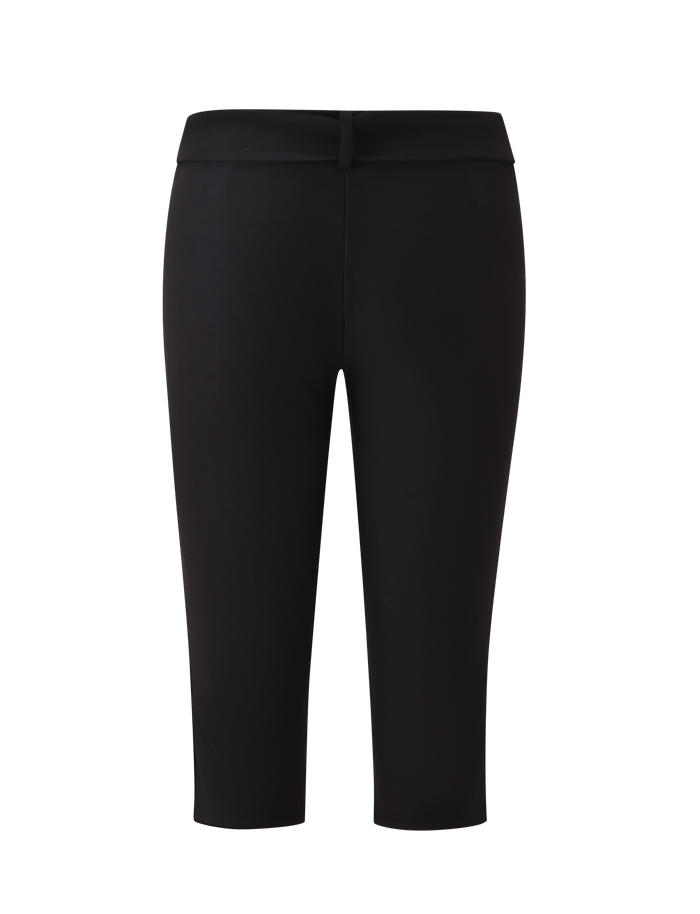 The TIGERMIST PILAR CAPRI - BLACK features a mid-rise waist, fitted waistband with belt loops, removable waist tie, and no visible pockets. Displayed against a plain white background.
