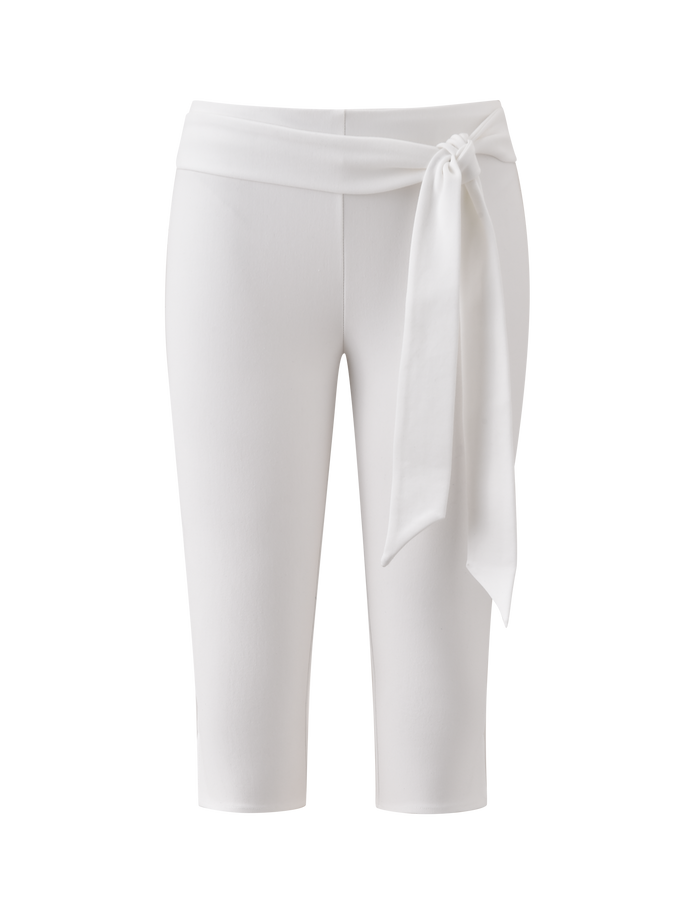 The TIGERMIST PILAR CAPRI - WHITE is a white ponte capri pant with a mid-rise waist and a removable side-knotted tie, shown on a plain white background.