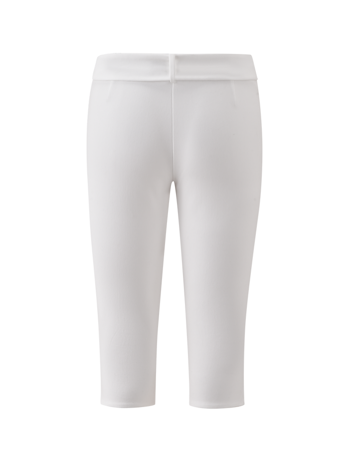 Back view of the TIGERMIST PILAR CAPRI - WHITE, featuring a mid rise waist, fitted silhouette, and waistband with belt loops, shown on a white background.