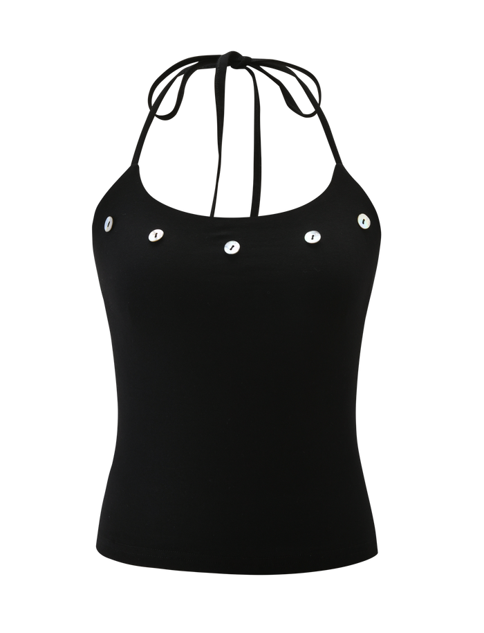 The PIPPA TOP - BLACK by TIGERMIST is a halter neck tank with thin tie straps, a scoop neckline, and five silver button accents across the chest.