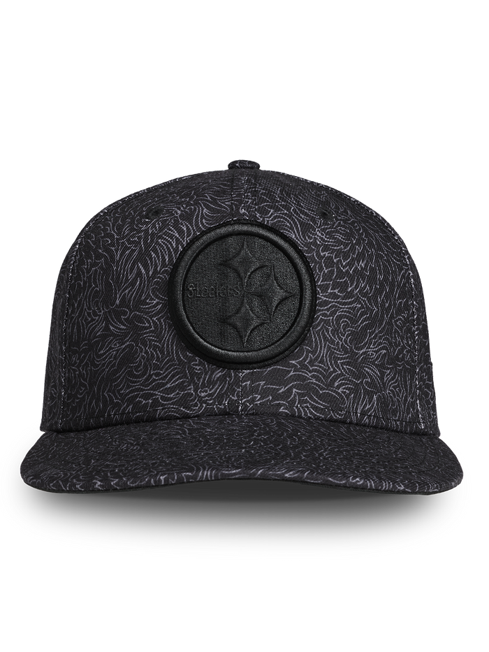 Pittsburgh Steelers Den of Thieves 9Fifty Snapback, black allover print raised logo - Front View | Greyson Clothiers