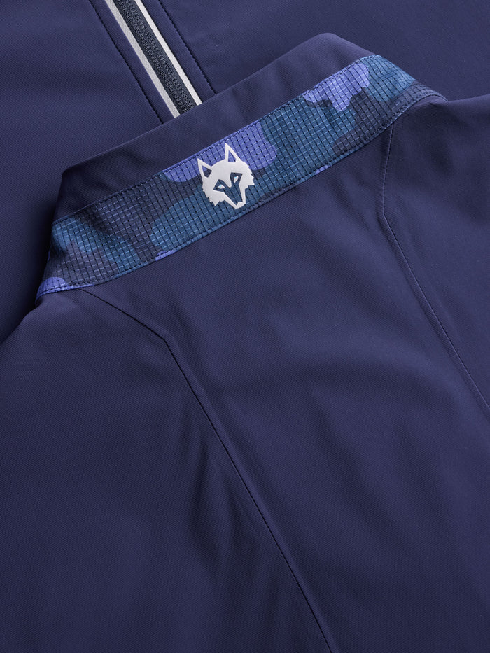 Coywolf Sport Vest Wolf Head Logo on Camo Collar Tape Close-Up - Maltese Blue | Greyson Clothiers