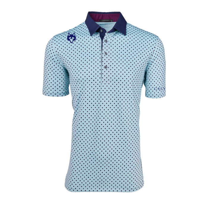 Topaz Players Club G Squared Polo - Front View, Diamond Print, Contrast Navy Collar & Wolf Logo | Greyson Clothiers