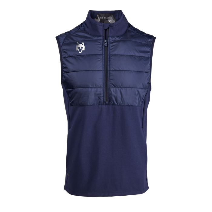 Maltese Blue Gratiot Hybrid Quarter-Zip Vest Quilted Front, Wolf Logo - Front View | Greyson Clothiers