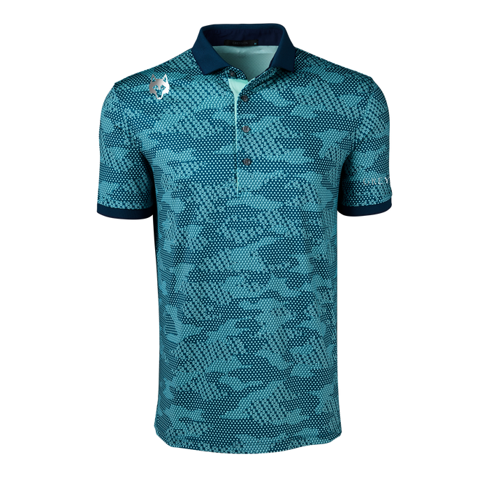 Aegean Players Club Icon Camo Polo - Front View, Teal Camo Print with Wolf Logo | Greyson Clothiers
