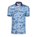 Wolf Blue Players Club In the Blues Short Sleeve Polo - Front View, scenic landscape print, wolf logo | Greyson Clothiers
