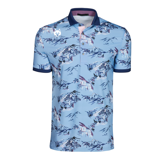 Wolf Blue Players Club In the Blues Short Sleeve Polo - Front View, scenic landscape print, wolf logo | Greyson Clothiers