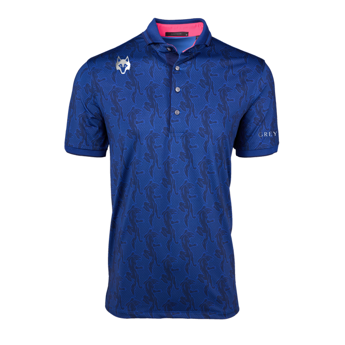 Maltese Blue Players Club Night Prowl Polo - Wolf Print Performance Golf Polo Front View | Greyson Clothiers