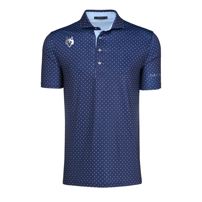 Maltese Blue Dot Print Players Club Pack Golf Polo - Front View, Wolf Logo | Greyson Clothiers