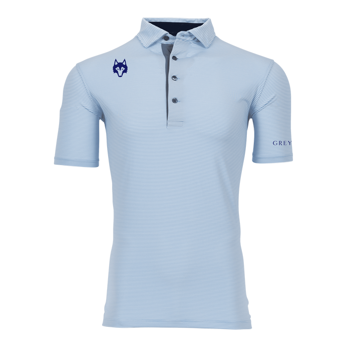 Maltese Blue striped Players Club Saranac Golf Polo - Front View, Wolf Logo | Greyson Clothiers