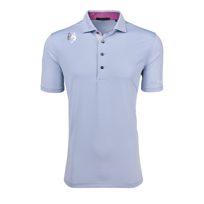 Wolf Blue striped Players Club Saranac Performance Polo - Front View, Pink Collar Detail | Greyson Clothiers