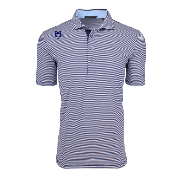 Bonneville Navy striped Players Club Saranac Golf Polo - Front View, Wolf Emblem | Greyson Clothiers