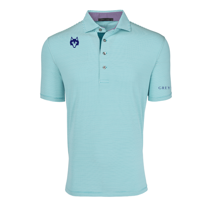Viper Teal striped Players Club Saranac Performance Polo - Front View, Wolf Logo | Greyson Clothiers