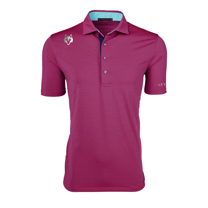 Lotus Pink striped Players Club Saranac Performance Golf Polo - Front View, Wolf Logo | Greyson Clothiers