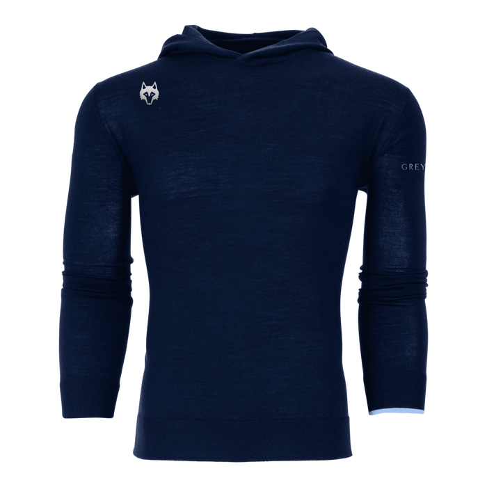 Maltese Blue Merino Wool Players Club Saratoga Hoodie - Front View with Wolf Logo | Greyson Clothiers