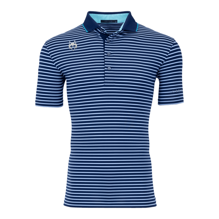 Maltese Blue Ticonderoga Striped Golf Polo, Contrast Collar & Wolf Logo - Front View | Greyson Clothiers