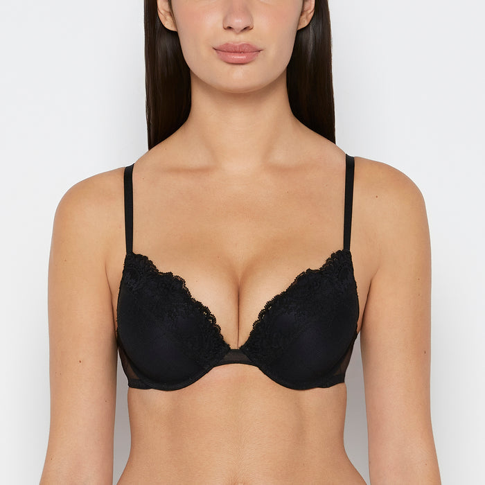 Plunge Opulent Lace Bra with Mesh Cups in Tuxedo Black