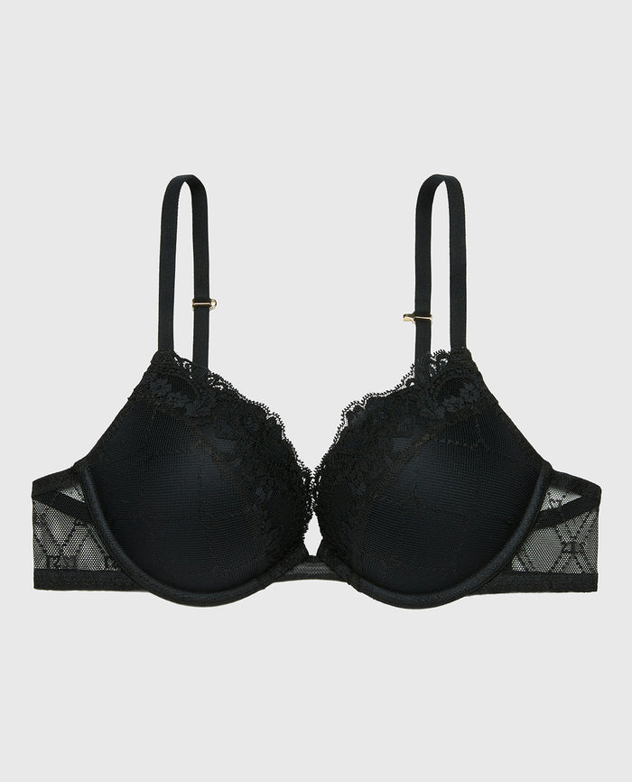 Plunge Opulent Lace Bra with Mesh Cups in Tuxedo Black