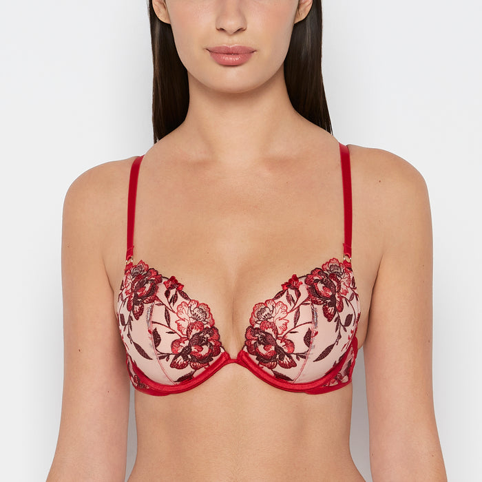 Plunge Push Up Bra in Evening Blush with Crimson and Russian Ruby