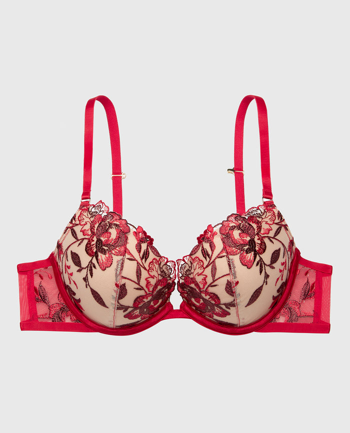 Plunge Push Up Bra in Evening Blush with Crimson and Russian Ruby