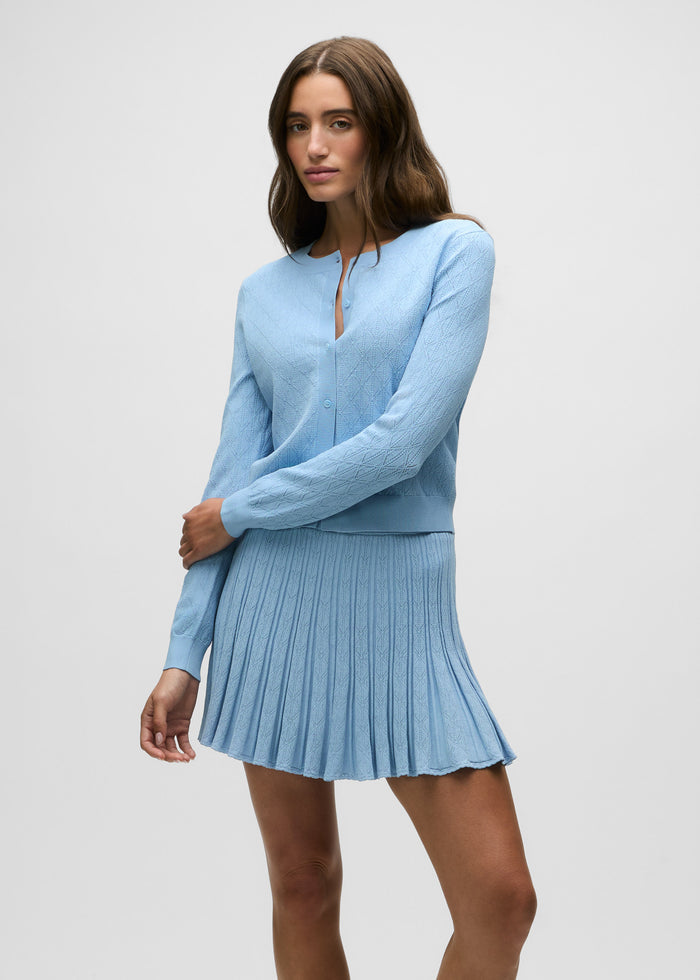 Maltese Blue Women's Pointelle Cardigan - Button-Front, Three-Quarter View On Model | Greyson Clothiers