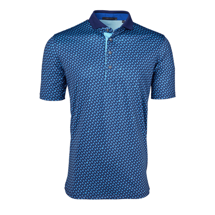 Maltese Blue Poison Dart Polo - Front View, Printed Performance Golf Polo with Contrast Collar | Greyson Clothiers