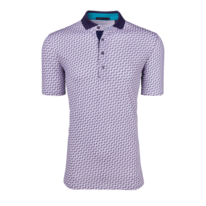 Hyacinth Poison Dart Polo - Front View, Printed Premium Men's Golf Polo with Contrast Collar | Greyson Clothiers