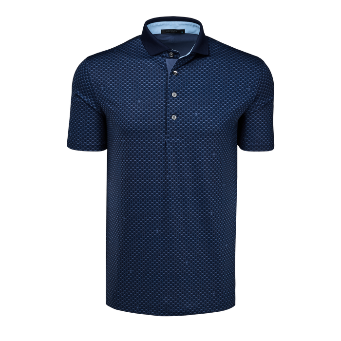 Maltese Blue Ponderous Wolf Short Sleeve Golf Polo - Front View, Allover Print | Greyson Clothiers
