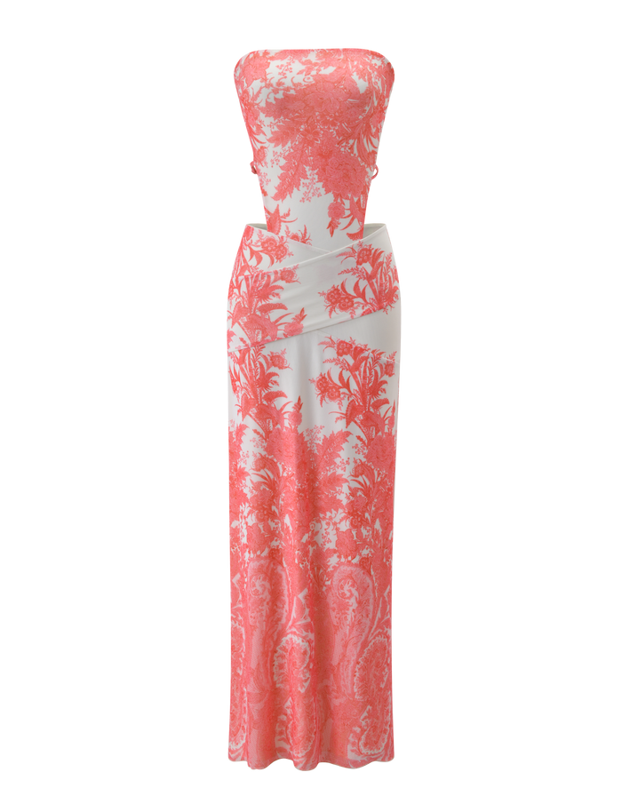 The POPPI MAXI DRESS - CORAL TAPESTRY by TIGERMIST is a strapless white dress with a coral tapestry print, detailed pink florals, a fitted bodice, and a long flowing skirt.
