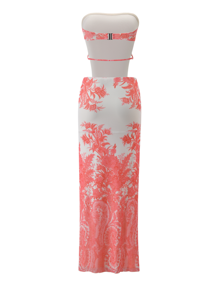 The POPPI MAXI DRESS - CORAL TAPESTRY by TIGERMIST features a strapless, bandeau neckline and a form-fitting silhouette with a light beige base and coral tapestry print for an elegant look.