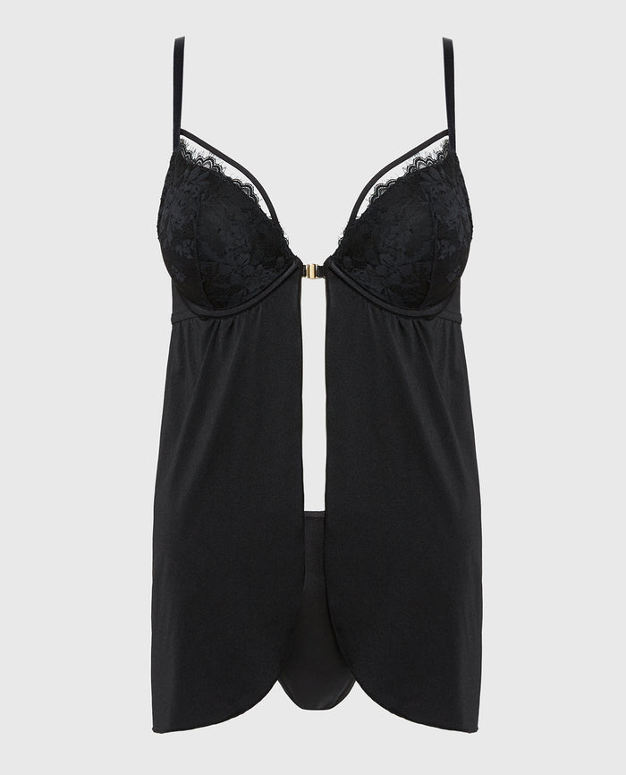 Push Up Babydoll With Lace Trim in Tuxedo Black