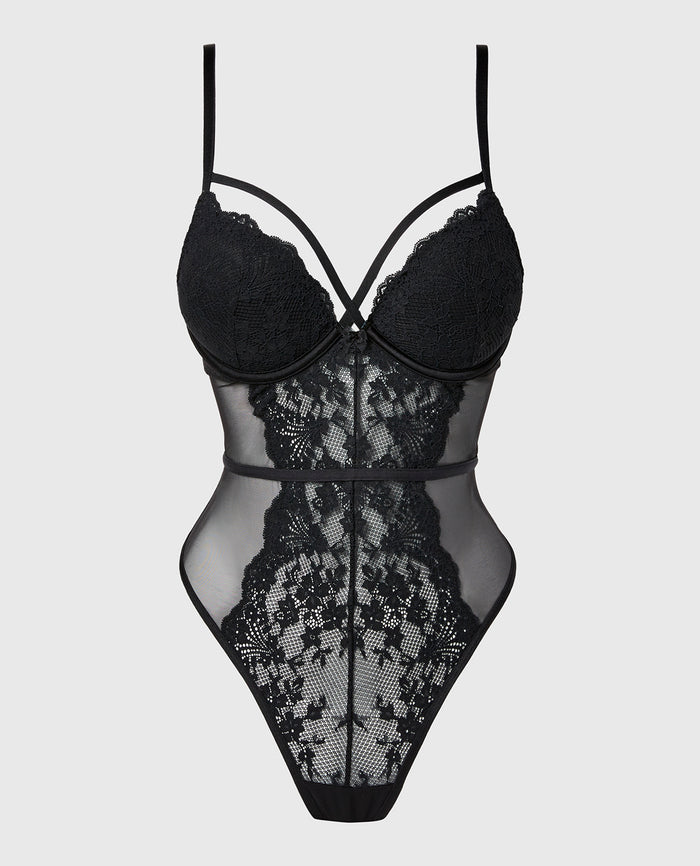Push Up Bodysuit in Timeless Lace with Mesh in Tuxedo Black