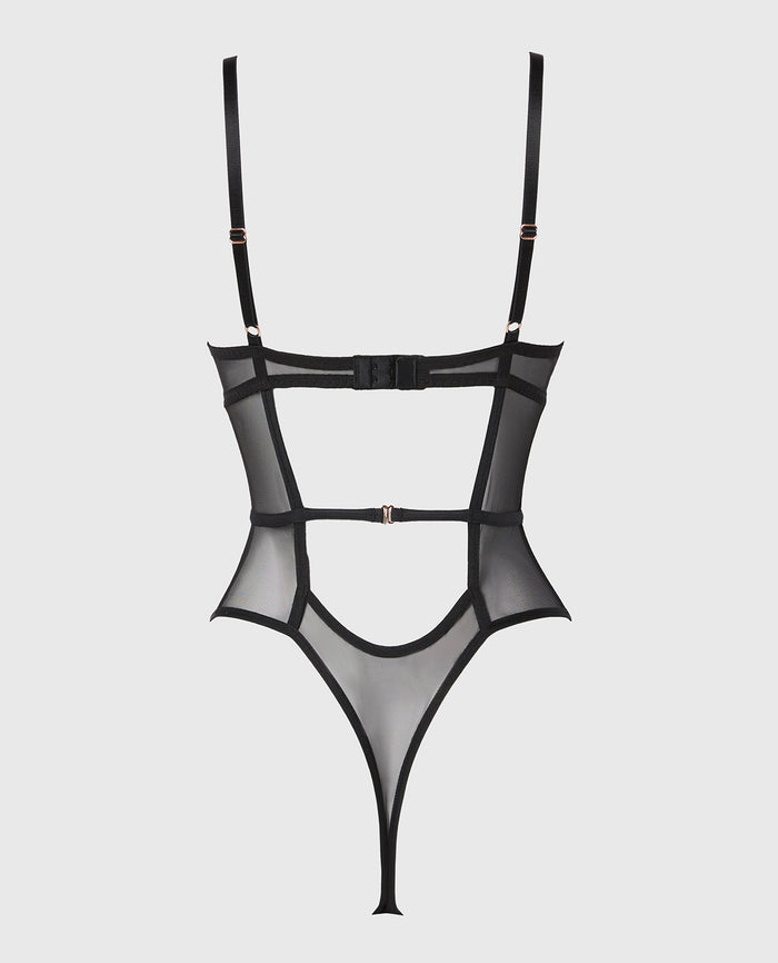 Push Up Bodysuit in Timeless Lace with Mesh in Tuxedo Black