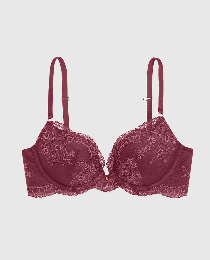 Push Up Bra with Lace Overlay in Opulent Red