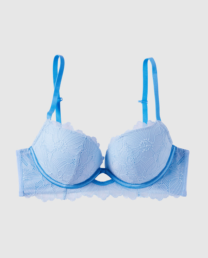 Push Up Bra with Lace Overlay in Sky Blue