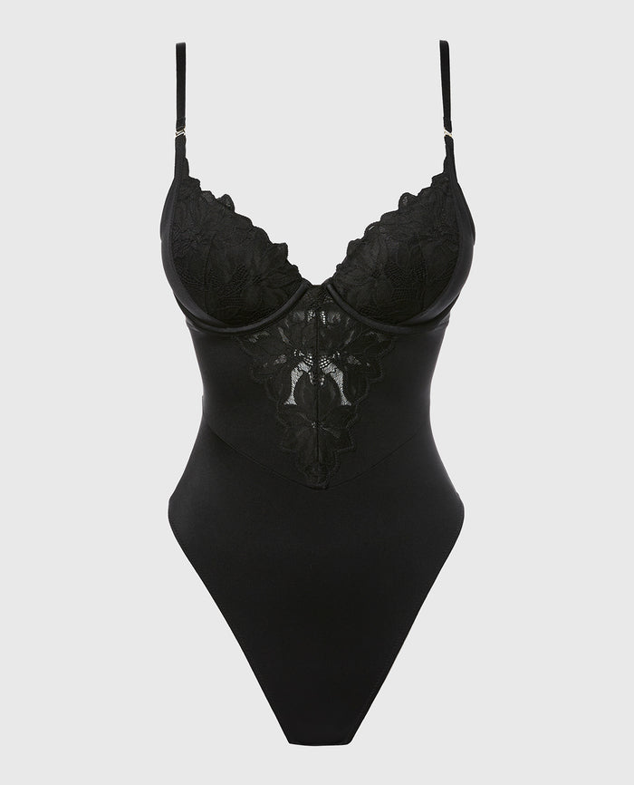 Push Up Demi bodysuit with reverie lace cup in Tuxedo Black