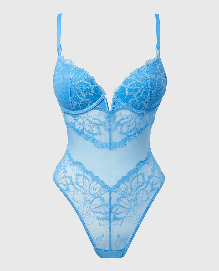Push Up Plunge Bodysuit with Lush Lace in Azure Blue