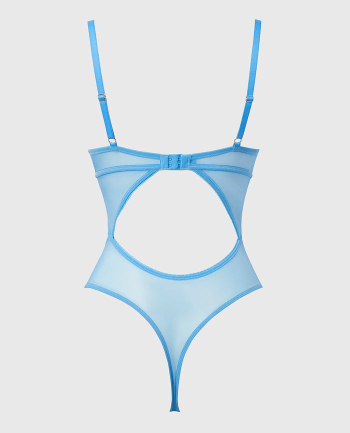 Push Up Plunge Bodysuit with Lush Lace in Azure Blue