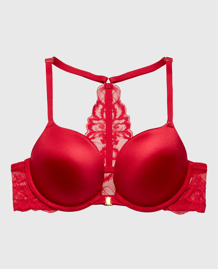 Push Up Plunge Bra Front Close Lush Lace Back in Passion Red