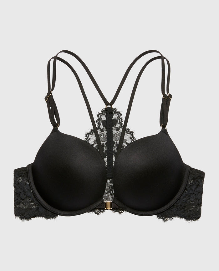 Push Up Plunge Bra with Bewitched Lace Back in Tuxedo Black