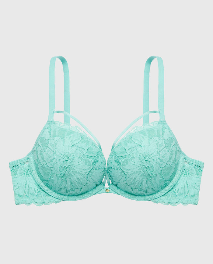 Push Up Plunge Bra with Charmed Lace Bondage Straps in Pool Blue