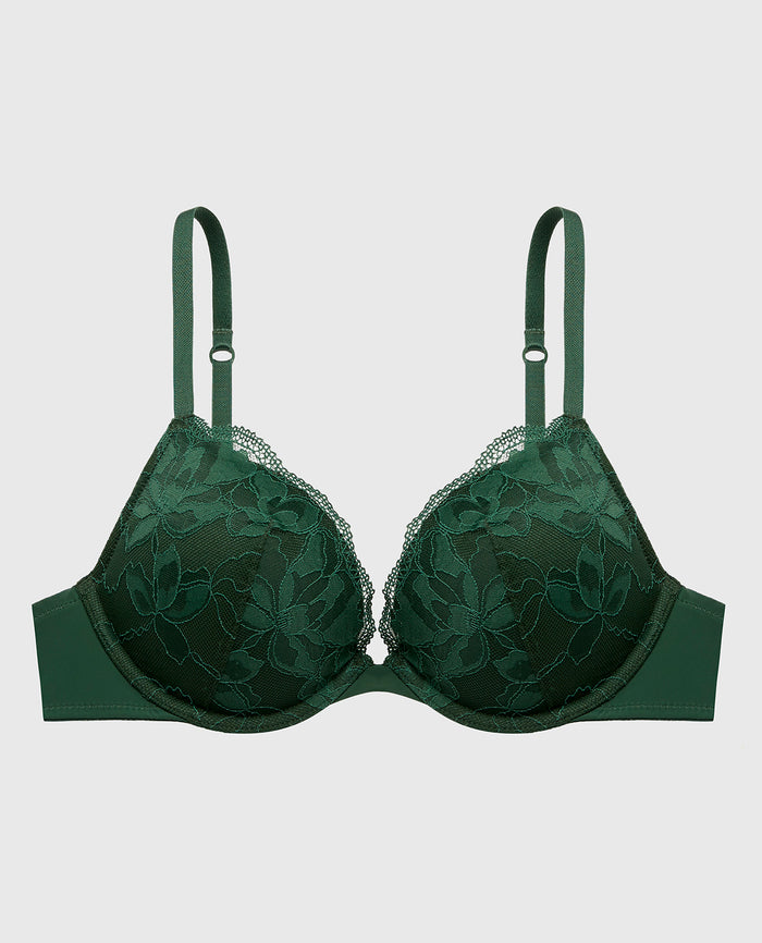 Push Up Plunge Bra With Charmed Lace in Jungle Green