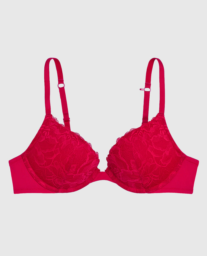 Push Up Plunge Bra with Lace in Cosmo Red