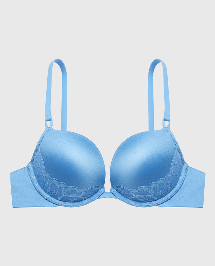 Push Up Plunge Bra With Lush Lace Piecing in Azure Blue