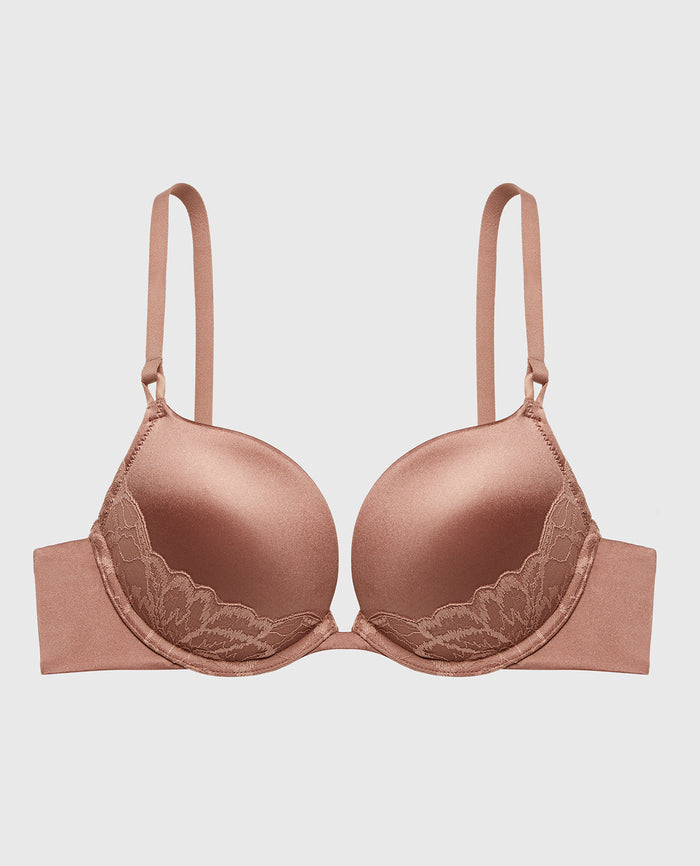 Push Up Plunge Bra With Lush Lace Piecing in Deer