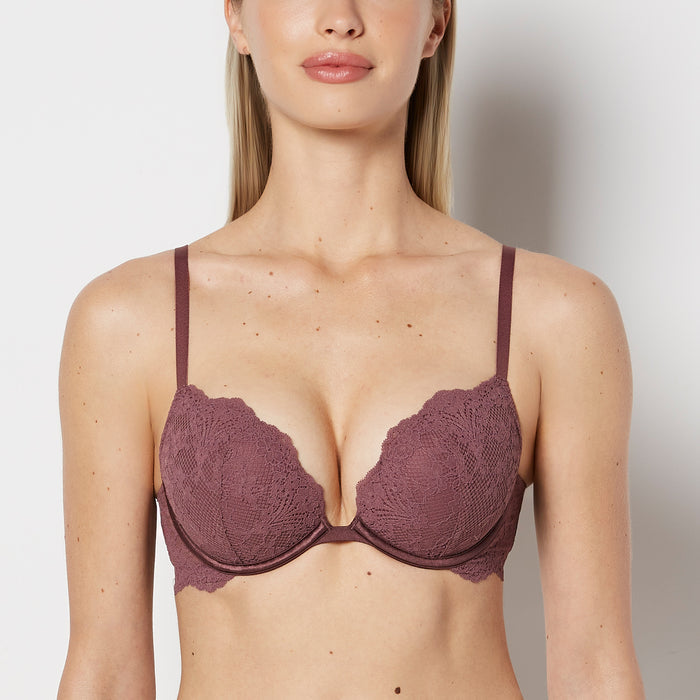 Push Up Plunge Bra with Timeless Lace in Plum Wine