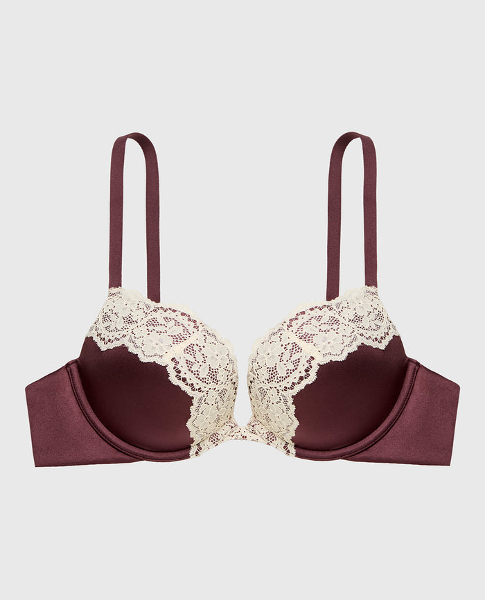 Push Up Plunge Bra with Timeless Lace Trim in Plum Wine